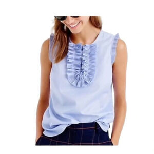 J Crew Blue Top Sleeveless Tee Blouse Ruffled Margot Airy Cotton Sz 0 NWOT